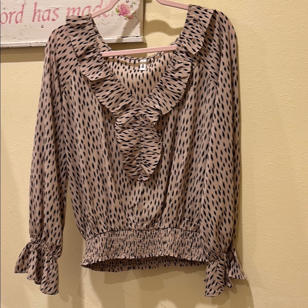 Ruffled V-Neck Blouse in Tan and Black